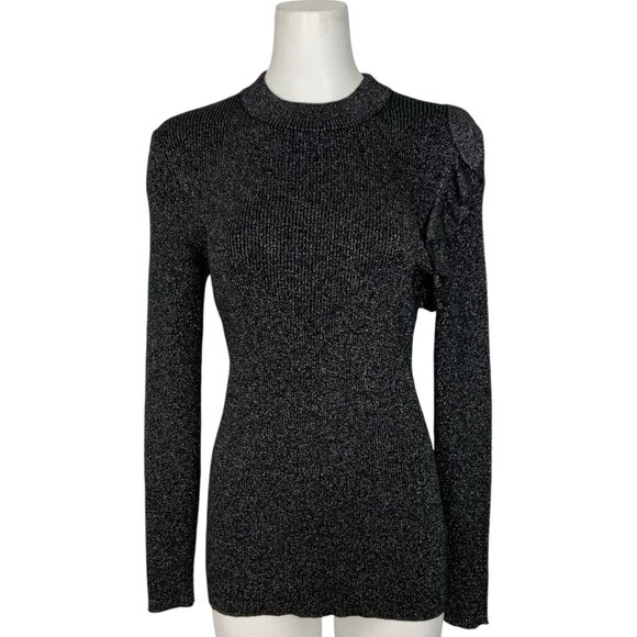 Ted Baker Addale Sweater Ted/4 US/L Silver Metallic Black Ribbed Knit Ruffle - Picture 1 of 12